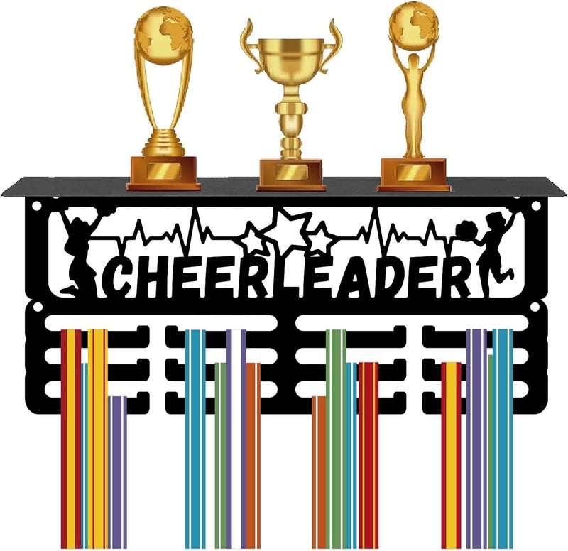 CREATCABIN Cheerleader Medal Holder Trophy Shelf Medal Hanger Display Rack Hanging Awards with Shelf Stand 3 Lines Design Hold 70+ Medals for Cheerleader Cheerlead Race Winner Member 11.4x5.1 Inch - Image 1